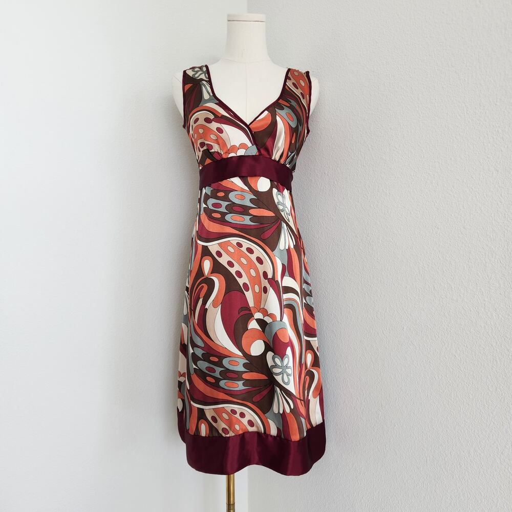 Vintage Y2K Brown Orange Paisley Mod Satin Sleeveless Empire Waist Dress XS